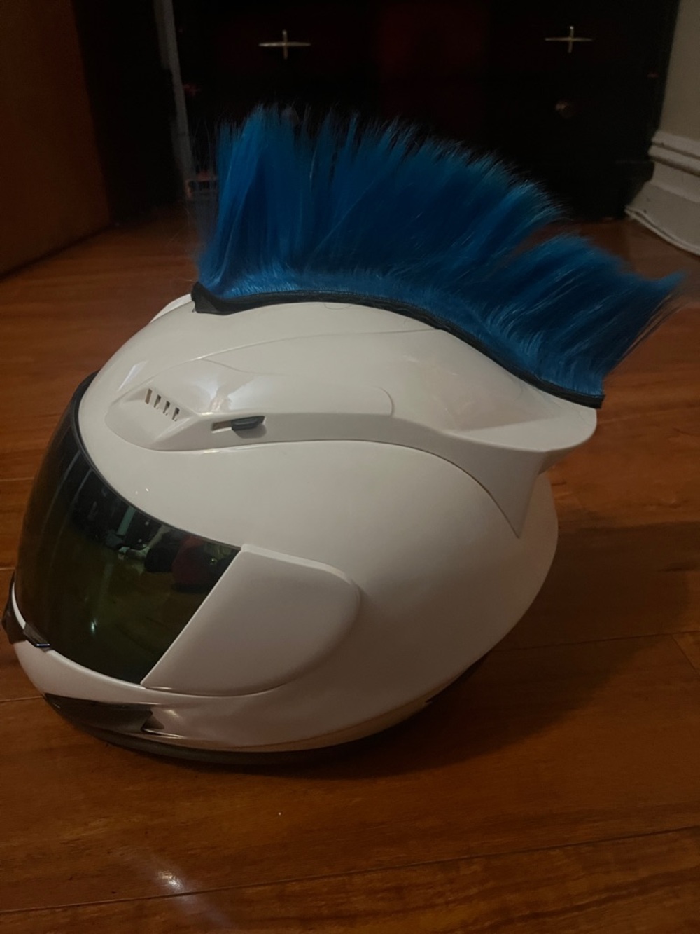 White Motorcycle Helmet w/ Blue Mohawk | 1Storm DOT | Costume / Cosplay - Picture 2 of 8